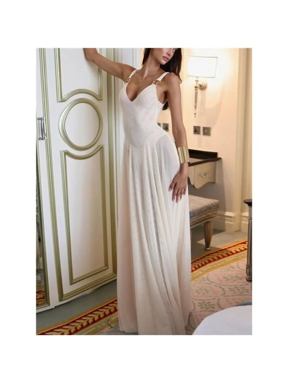 Sleeveless Sheer Maxi Dress with Gold Hardware Detail - Picture 5 of 12